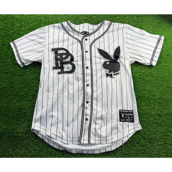 Playboy x Lids Pinstripe Baseball Jersey Sz L Gray Black Bunny Logo 00 Mens - Picture 1 of 10